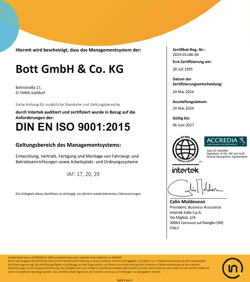 Zertifikat-Intertek_ISO-9001-2015 für die Bott GmbH & Co. KG